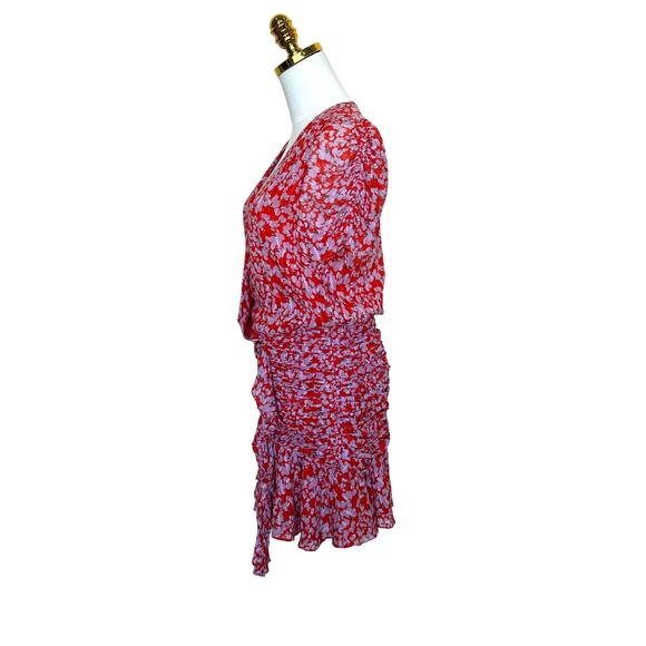 Tanya Taylor Red Floral Mini Wrap Dress Size 4 Silk Chiffon Ruched Designer $500 - Picture 10 of 13